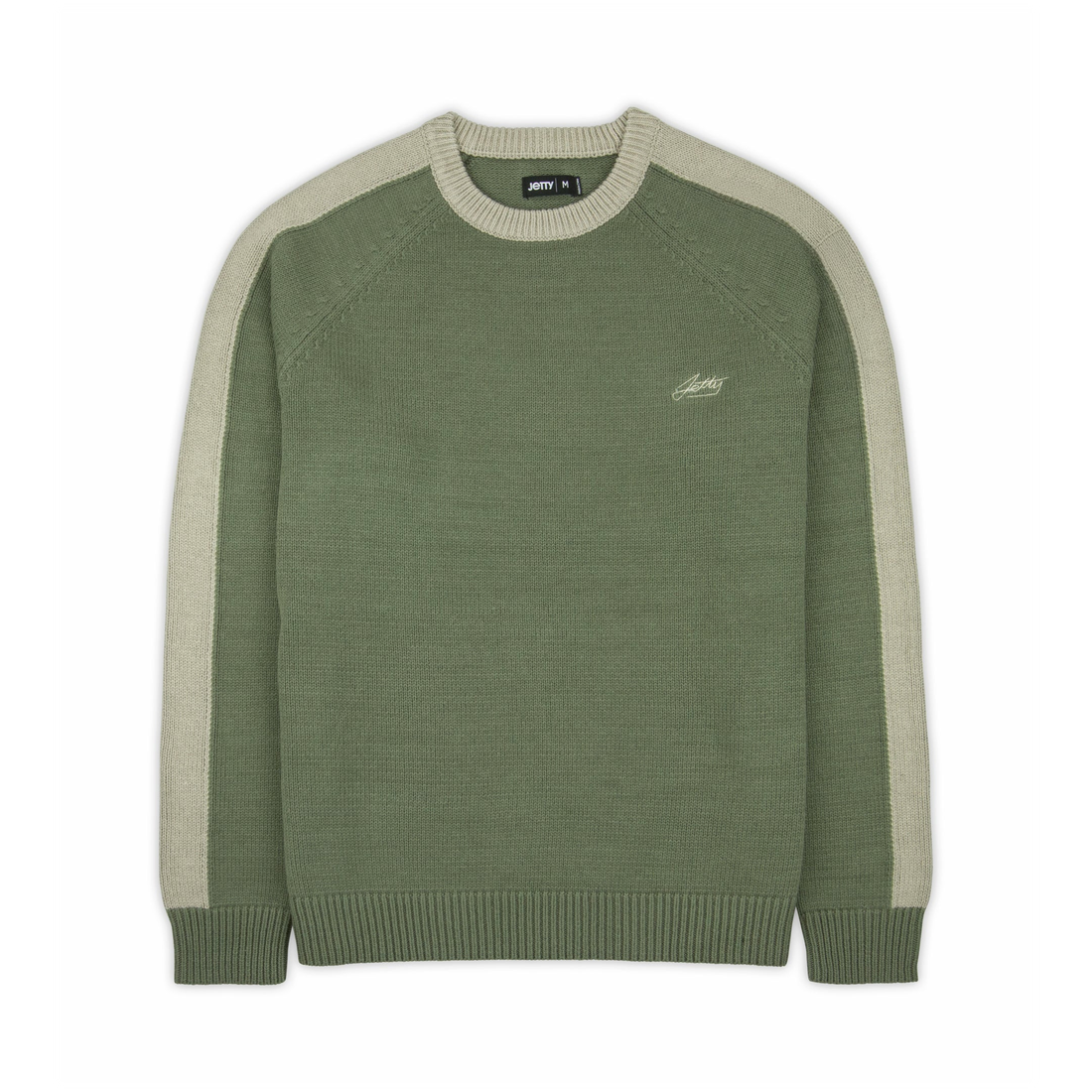 Olive green Nova Striped Sleeve Sweater with tan raglan sleeve stripes and ribbed crew collar, front view