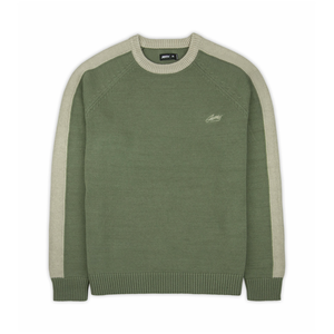 Olive green Nova Striped Sleeve Sweater with tan raglan sleeve stripes and ribbed crew collar, front view