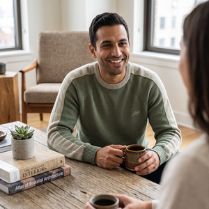 Man laughing over coffee in the olive Nova Striped Sleeve Sweater with tan raglan stripes, lifestyle shot