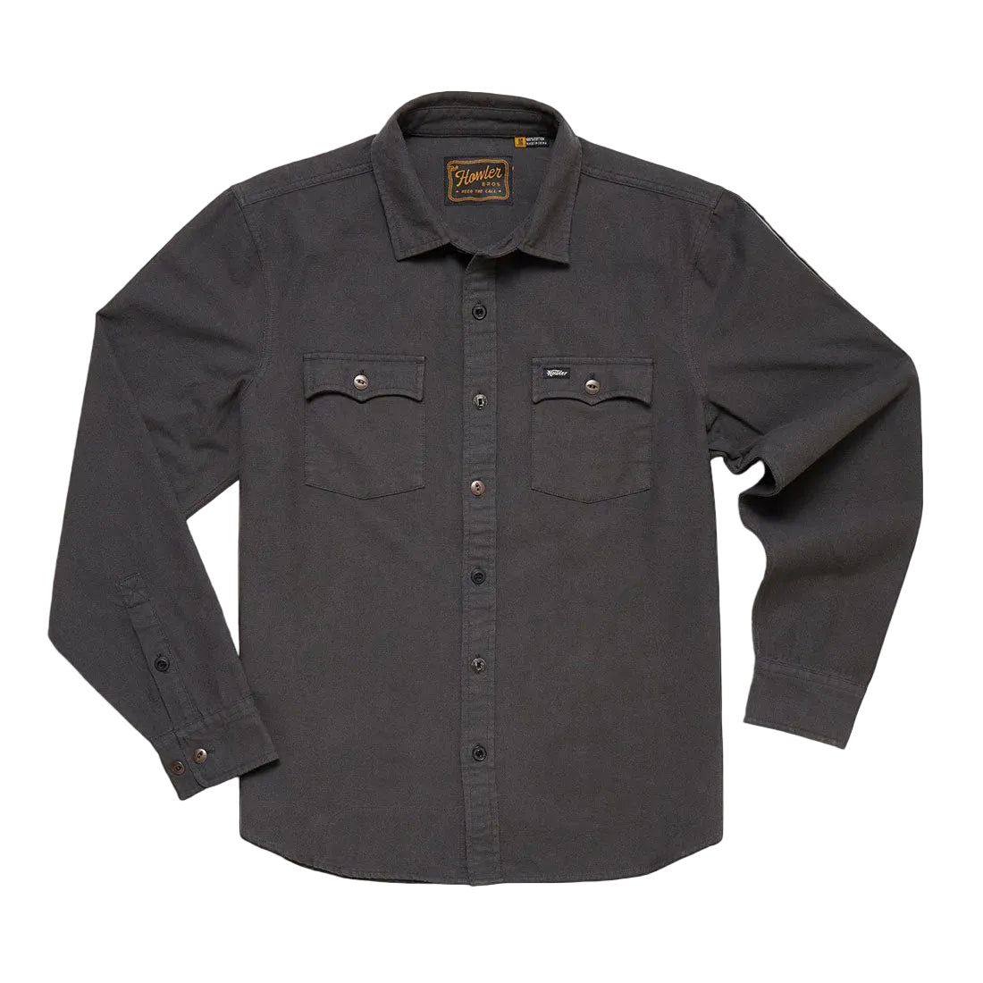 Novato Shirt in Antique Black laid flat, charcoal grey cotton western snap shirt, front view -- The Simple Man