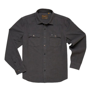 Novato Shirt in Antique Black laid flat, charcoal grey cotton western snap shirt, front view -- The Simple Man