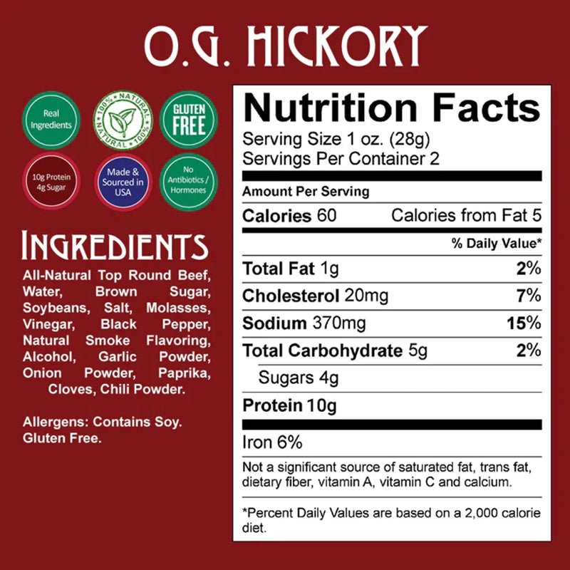 Righteous Felon OG Hickory Beef Jerky in 2oz Pouch, Nutritional Chart Info