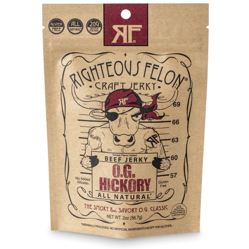 Righteous Felon OG Hickory Beef Jerky in 2oz Pouch, Front View