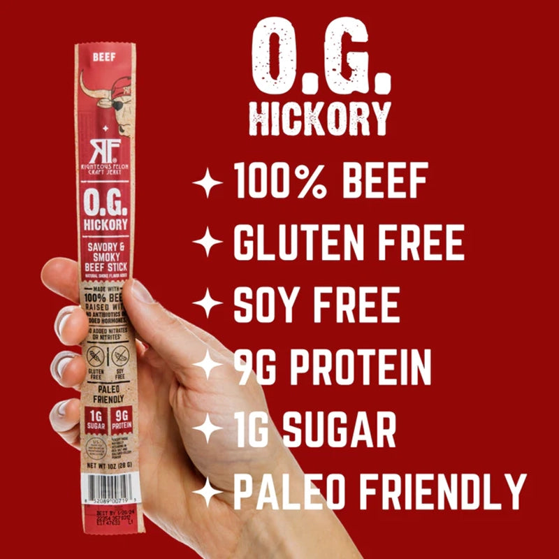 Righteous Felon OG Hickory Snack Stick info Graphic detailing the benefits