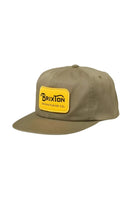 Brixton Grade Snapback Hat in Olive Surplus with yellow patch – durable cotton blend cap available at The Simple Man in Omaha, NE
