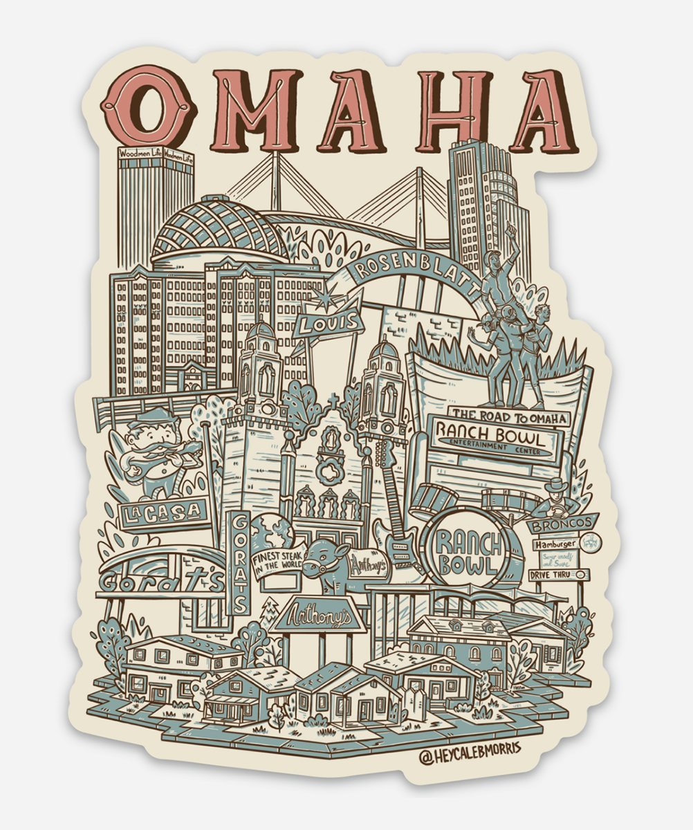 Omaha vinyl sticker illustrated by Caleb Morris, showcasing famous landmarks and signs like St. Cecilia’s Cathedral and Anthony’s Steakhouse. Sold at The Simple Man.