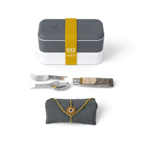 Opinel x Monsanto  - On the Go Meal Kit, showing all the individual pieces; box, knife, napkin, fork and spoon inserts