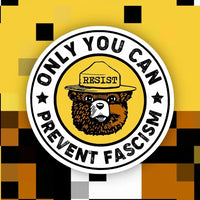 Waterproof resist sticker with illustrated bear and “Only You Can Prevent Fascism” text, on bold yellow and black pixel background – The Simple Man