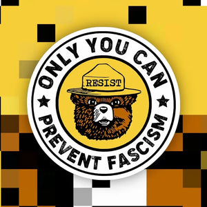 Waterproof resist sticker with illustrated bear and “Only You Can Prevent Fascism” text, on bold yellow and black pixel background – The Simple Man