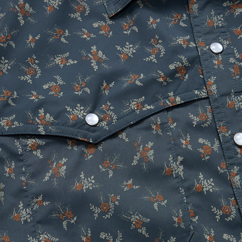 Howler Brothr's Open Country Tech shirt in the Rancher floral - dark Slate option, flat lay  close up fabric detail view