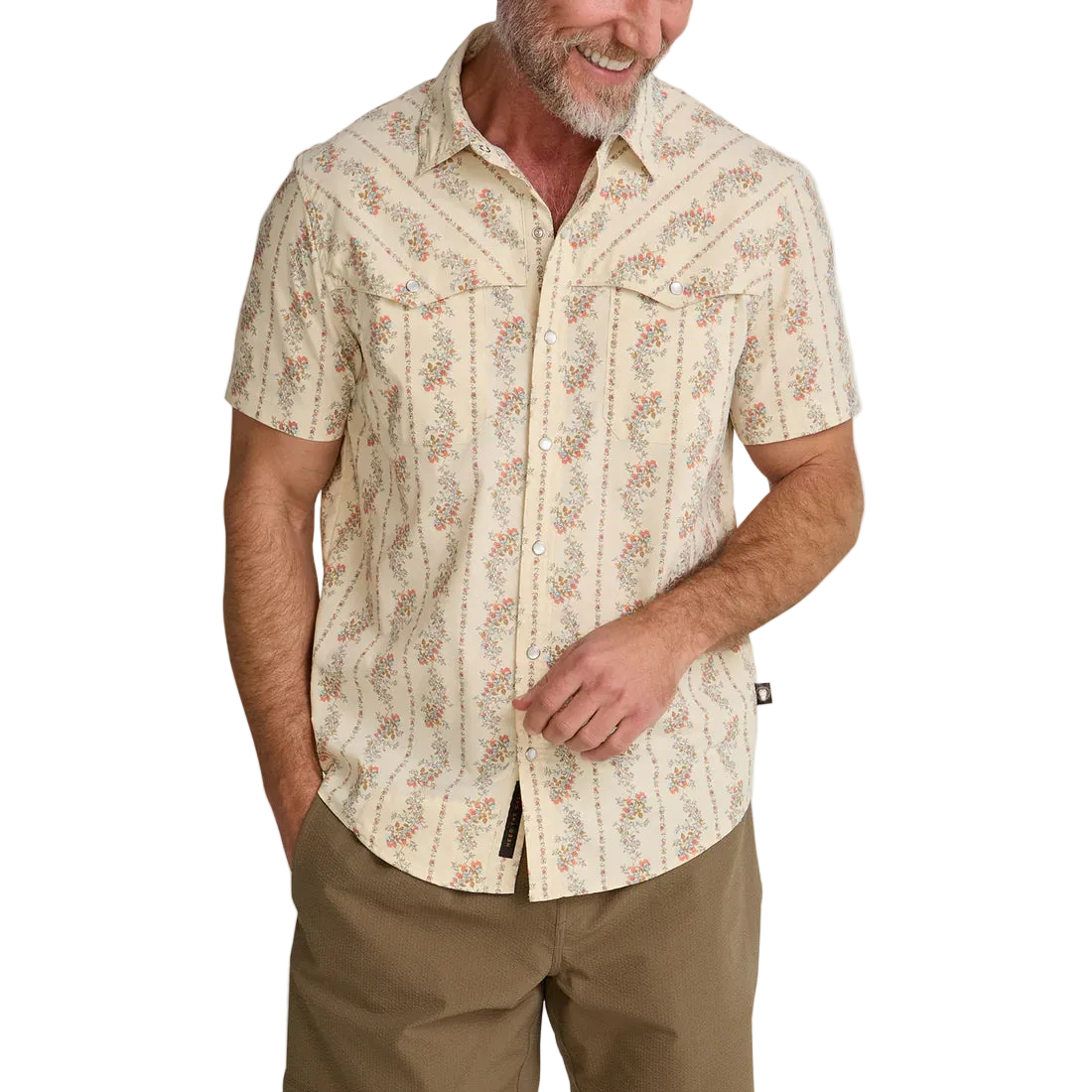 Howler Brothers Open Country Tech Shirt Grampas Curtains mens pearl snap performance shirt front view