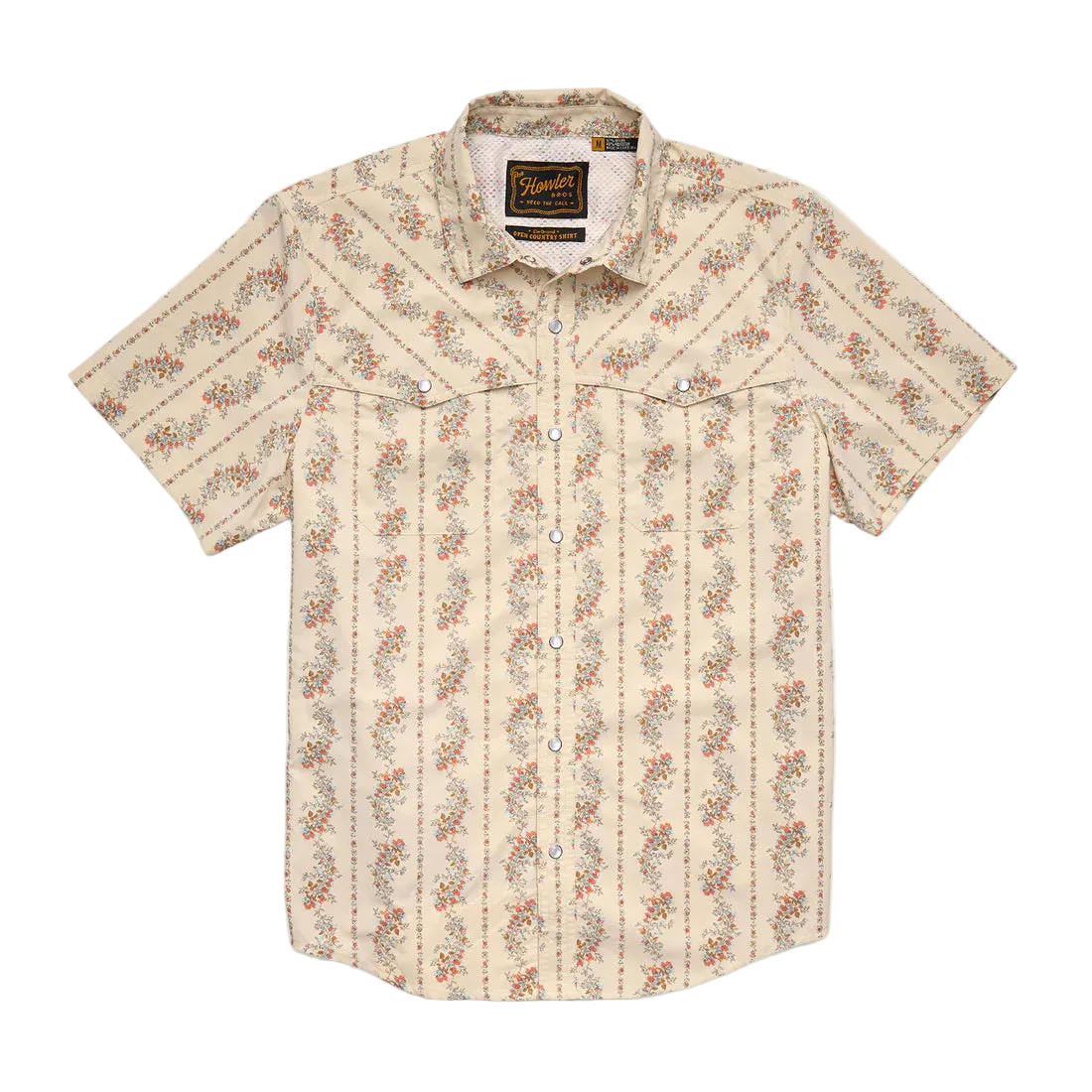 Howler Brothers Open Country Tech Shirt Grampas Curtains short sleeve western shirt flat lay