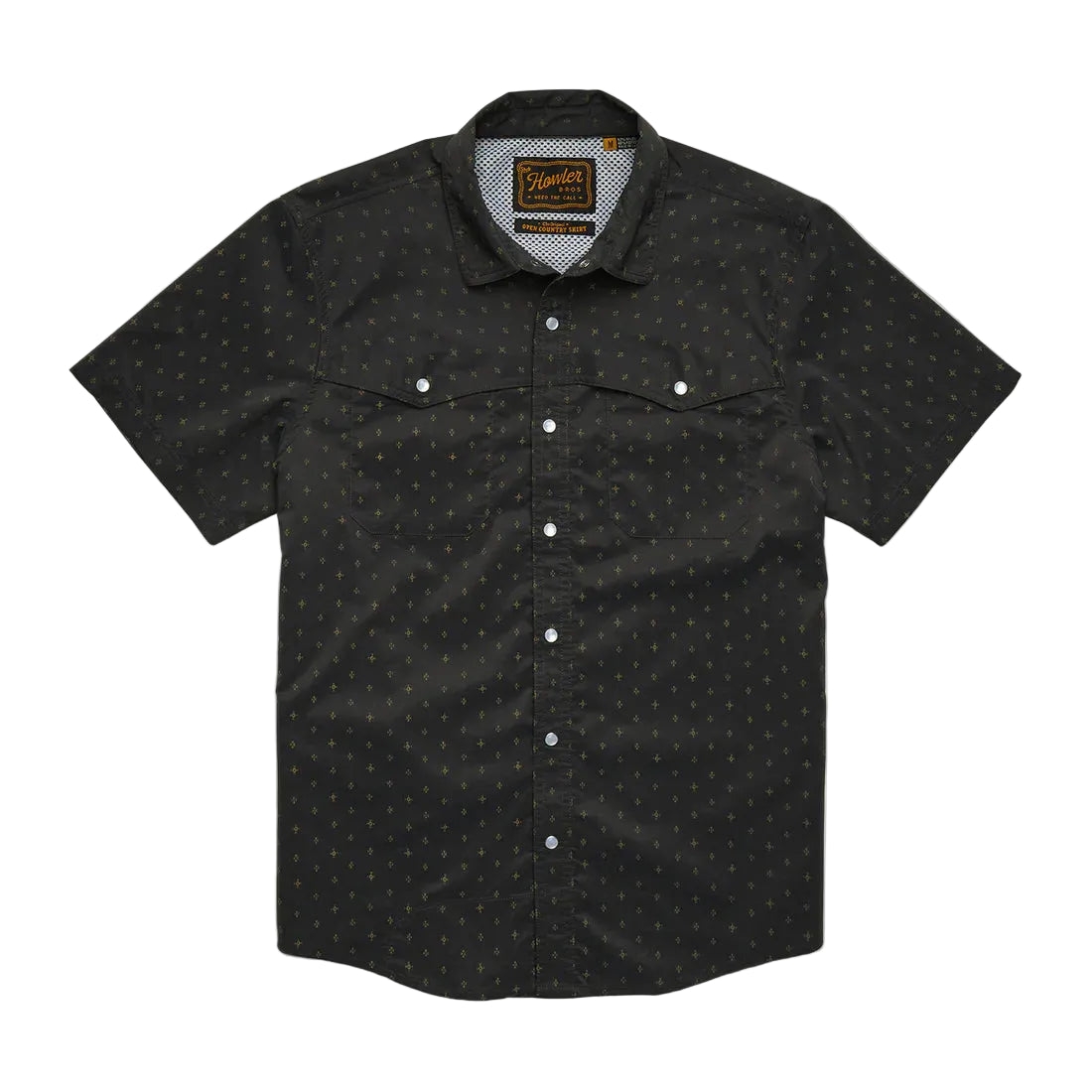 Howler Brothers Open Country Tech Shirt Supernovas Antique Black short sleeve western shirt flat lay