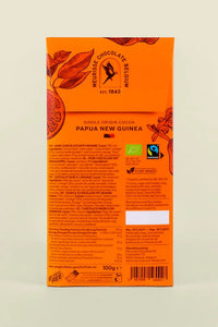 Back of Meurisse Dark Chocolate with Orange bar showing ingredients and cocoa origin Papua New Guinea – organic and fairtrade chocolate available at The Simple Man Omaha