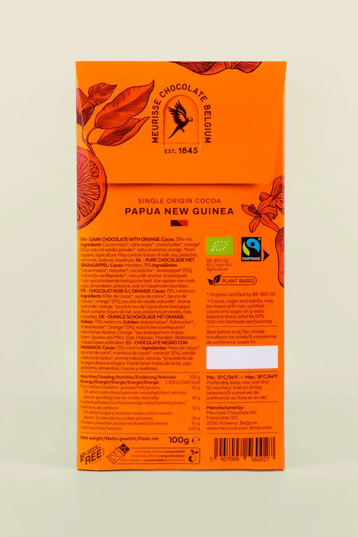 Back of Meurisse Dark Chocolate with Orange bar showing ingredients and cocoa origin Papua New Guinea – organic and fairtrade chocolate available at The Simple Man Omaha