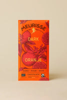 Front of Meurisse Dark Chocolate with Orange bar, bright orange packaging with citrus illustration – 73% cacao single origin dark chocolate from Papua New Guinea.