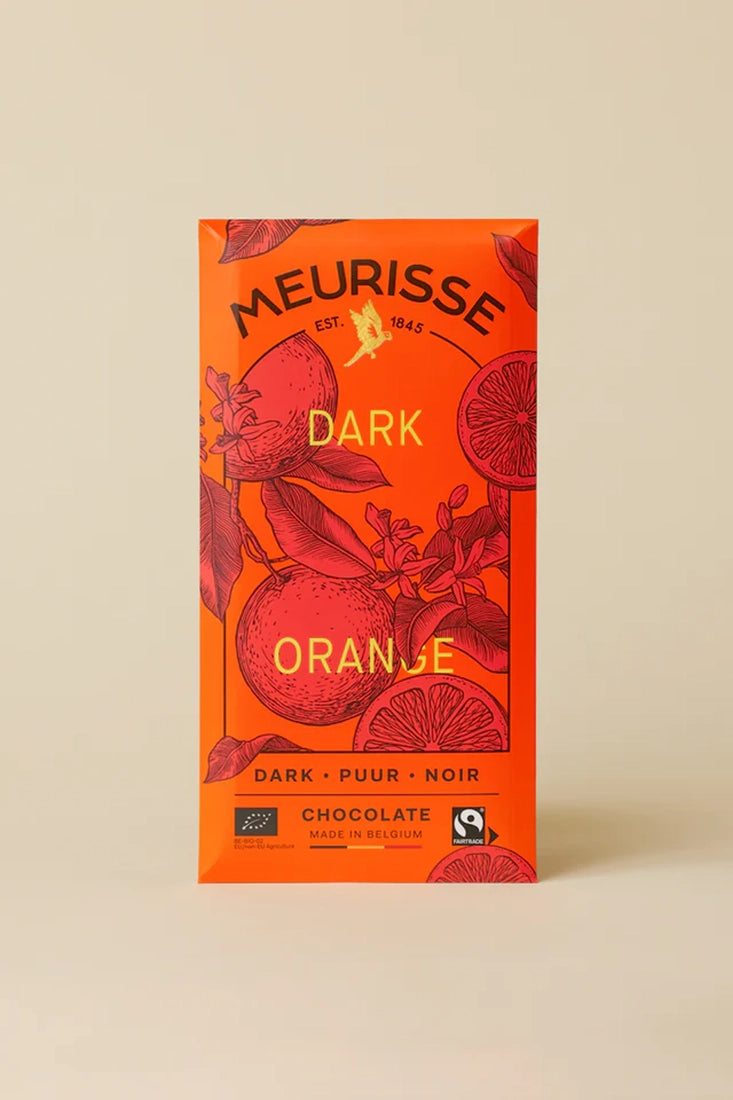 Front of Meurisse Dark Chocolate with Orange bar, bright orange packaging with citrus illustration – 73% cacao single origin dark chocolate from Papua New Guinea.