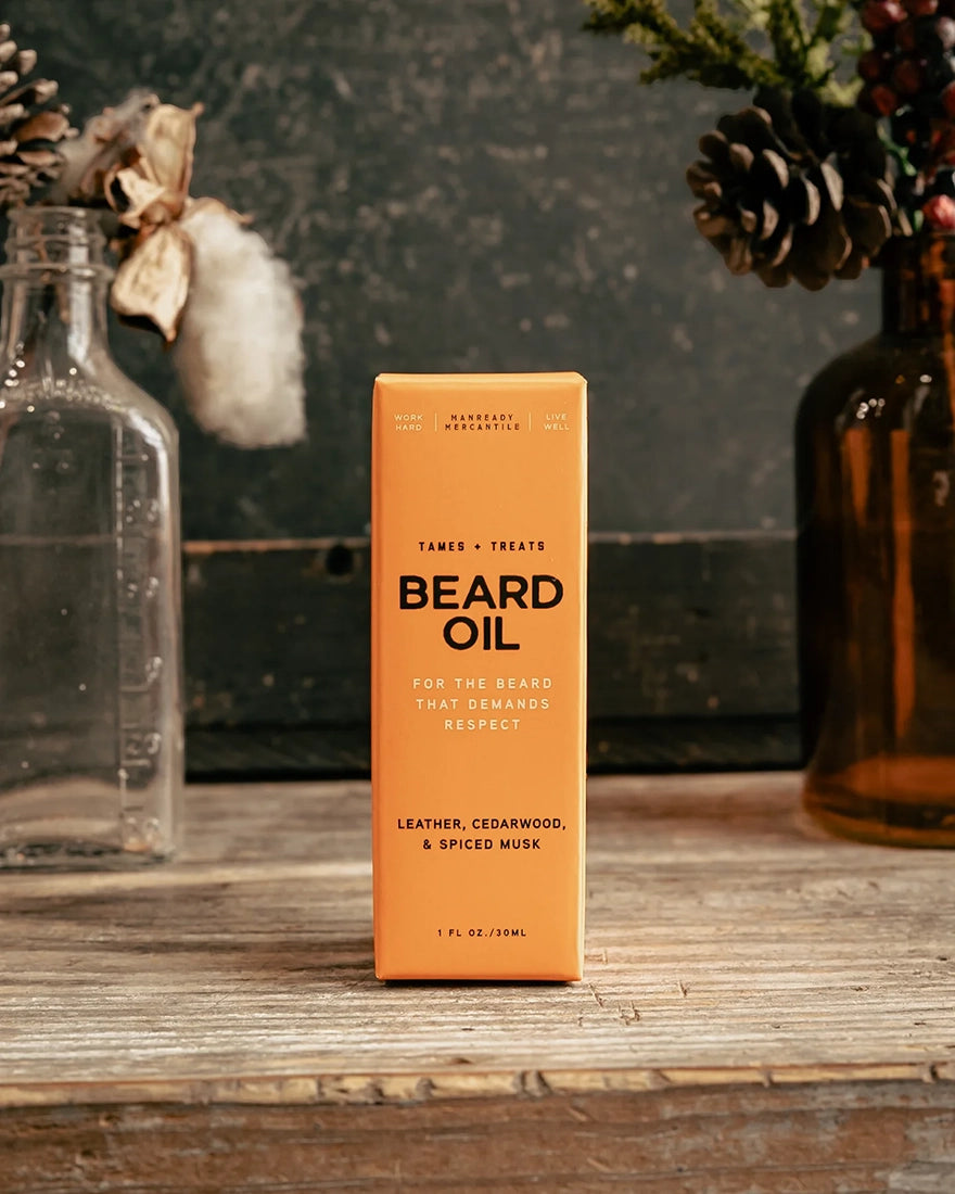 men's beard oil orange label leather cedarwood spiced musk packaging