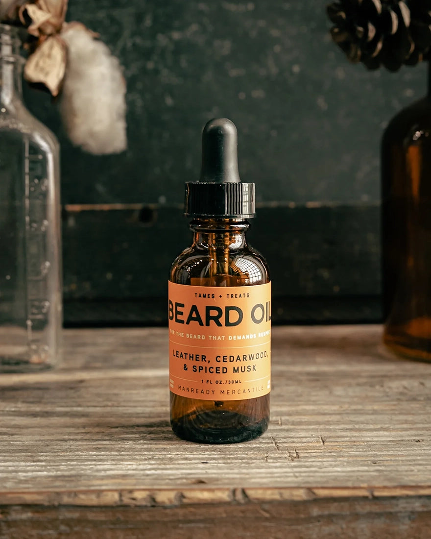 manready mercantile beard oil bottle leather cedarwood scent