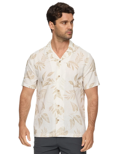 Flag & Anthem Parsons Camp Collar Shirt – front side view on model wearing men's relaxed fit linen blend camp collar shirt with leaf print