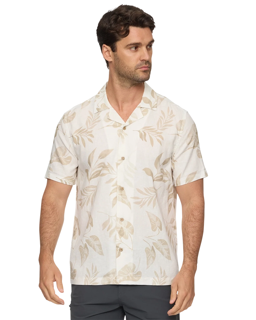 Flag & Anthem Parsons Camp Collar Shirt – front side view on model wearing men's relaxed fit linen blend camp collar shirt with leaf print