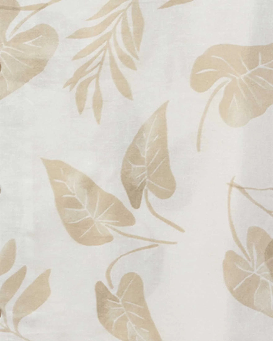 Flag & Anthem Parsons Camp Collar Shirt fabric detail – tan tropical leaf print on cream linen viscose blend, men's warm weather shirt