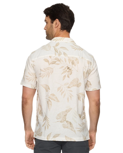 Flag & Anthem Parsons Camp Collar Shirt – back view on model showing relaxed fit and all-over leaf print, men's linen short sleeve button down