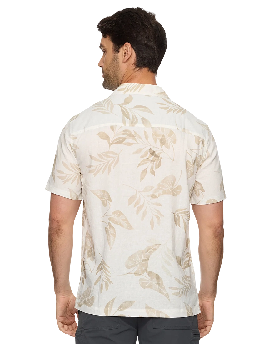 Flag & Anthem Parsons Camp Collar Shirt – back view on model showing relaxed fit and all-over leaf print, men's linen short sleeve button down