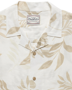 Flag & Anthem Parsons Camp Collar Shirt – close-up of camp collar and tone-on-tone tropical leaf print on men's linen blend shirt