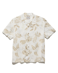 Flag & Anthem Parsons Camp Collar Shirt flat lay – men's cream linen blend short sleeve button down with tone-on-tone tropical leaf print