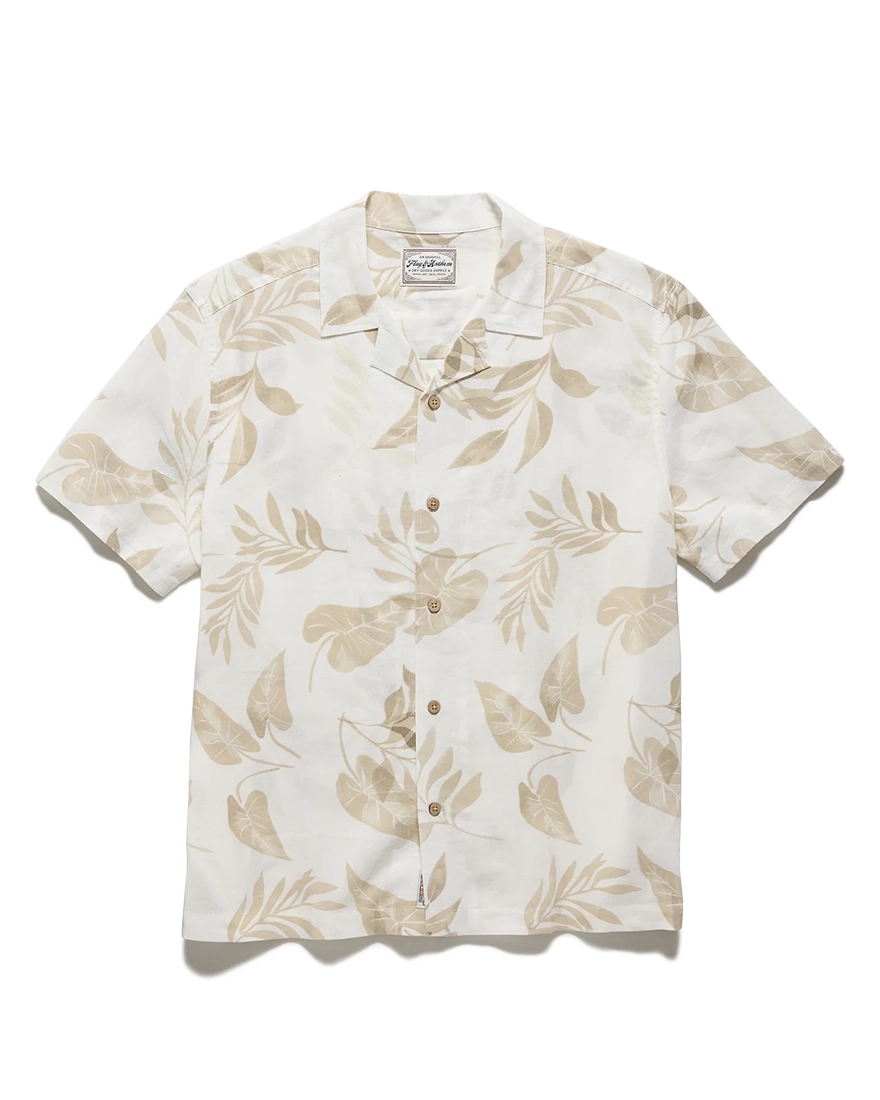 Flag & Anthem Parsons Camp Collar Shirt flat lay – men's cream linen blend short sleeve button down with tone-on-tone tropical leaf print