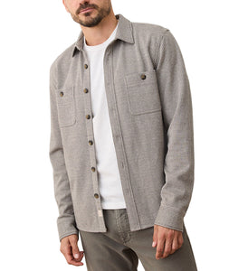 Pacifica Stretch Overshirt in grey and charcoal stripe, worn unbuttoned over white tee, styled for casual layering – The Simple Man Omaha