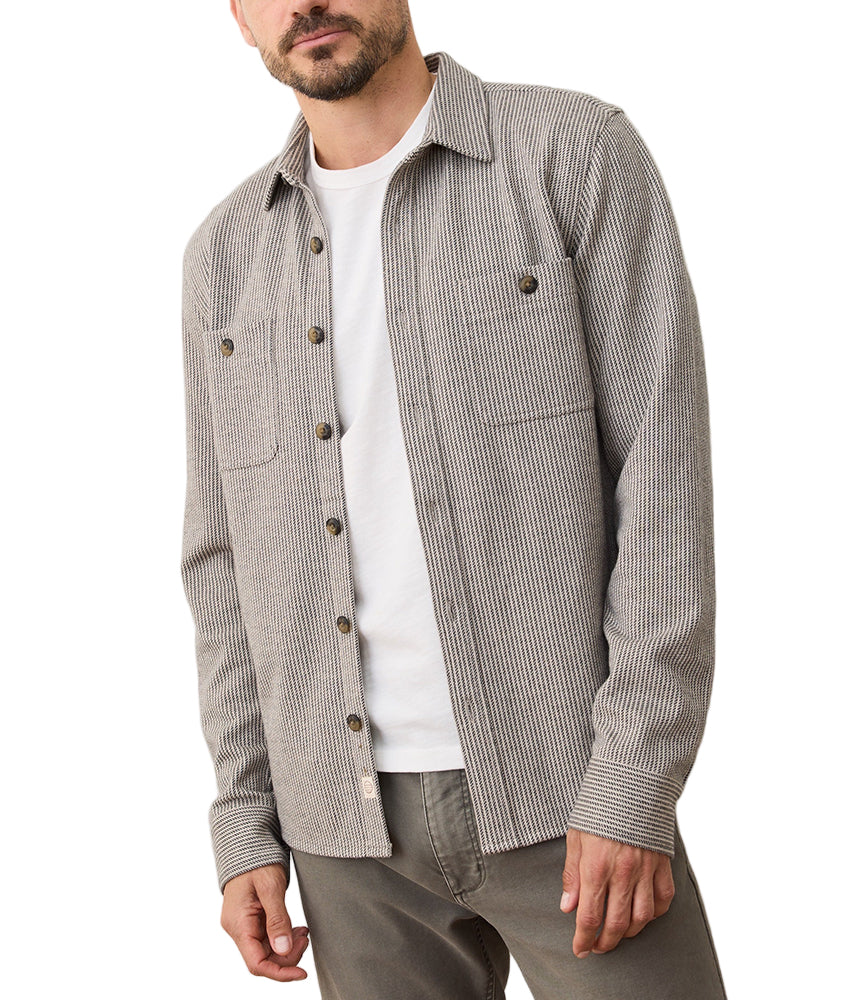 Pacifica Stretch Overshirt in grey and charcoal stripe, worn unbuttoned over white tee, styled for casual layering – The Simple Man Omaha