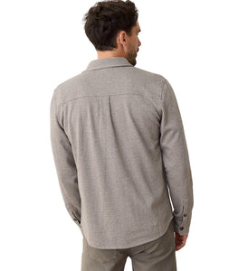 Rear view of Pacifica Stretch Overshirt in grey railroad stripe, showcasing classic shoulder panel and cuff design, lightweight layering shirt for men