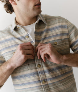 Men’s blue and green Baja stripe overshirt with chest pockets and button front