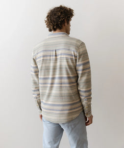 Back view of men’s Pacifica stretch twill overshirt in blue and green Baja stripe organic cotton