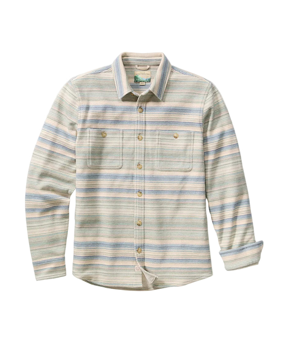 Pacifica stretch twill overshirt blue and green Baja stripe men’s organic cotton shirt jacket