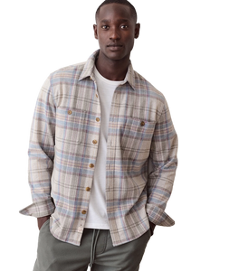 Close-up of Pacifica Stretch Twill Overshirt in Grey Plaid collar and chest pocket detail - The Simple Man