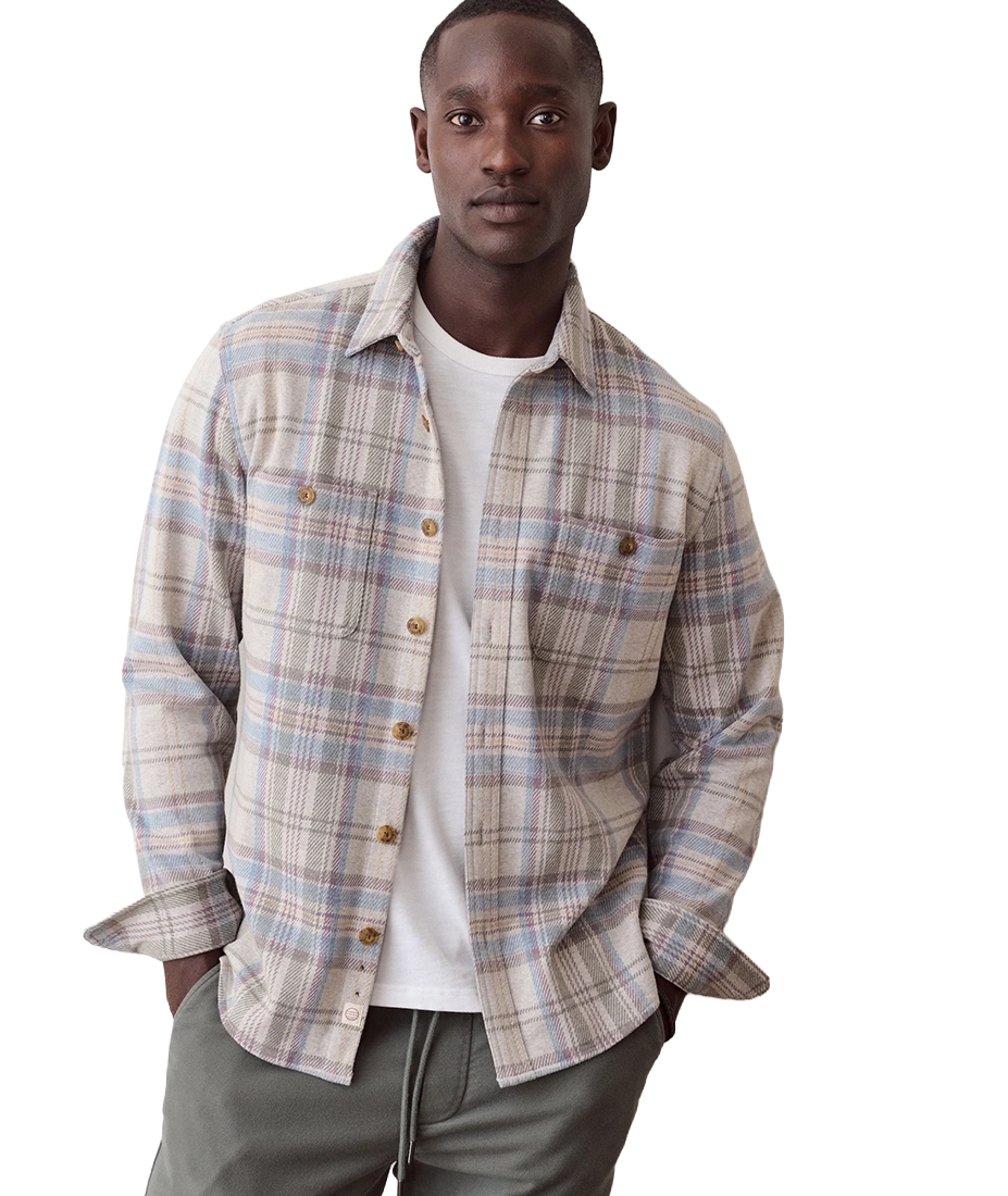 Close-up of Pacifica Stretch Twill Overshirt in Grey Plaid collar and chest pocket detail - The Simple Man