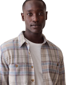 Man wearing Pacifica Stretch Twill Overshirt in Grey Plaid open over white tee, front view - The Simple Man