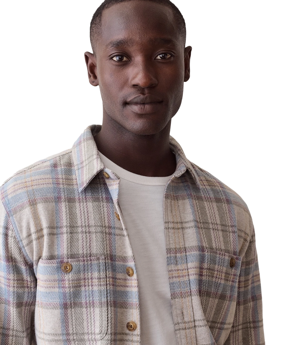 Man wearing Pacifica Stretch Twill Overshirt in Grey Plaid open over white tee, front view - The Simple Man