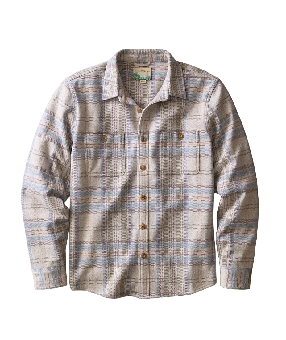 Pacifica Stretch Twill Overshirt in Grey Plaid flat lay front view showing button-flap chest pockets - The Simple Man
