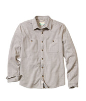 Flat lay of Pacifica Stretch Twill Overshirt in grey railroad stripe pattern, featuring dual chest pockets and durable construction for daily wear