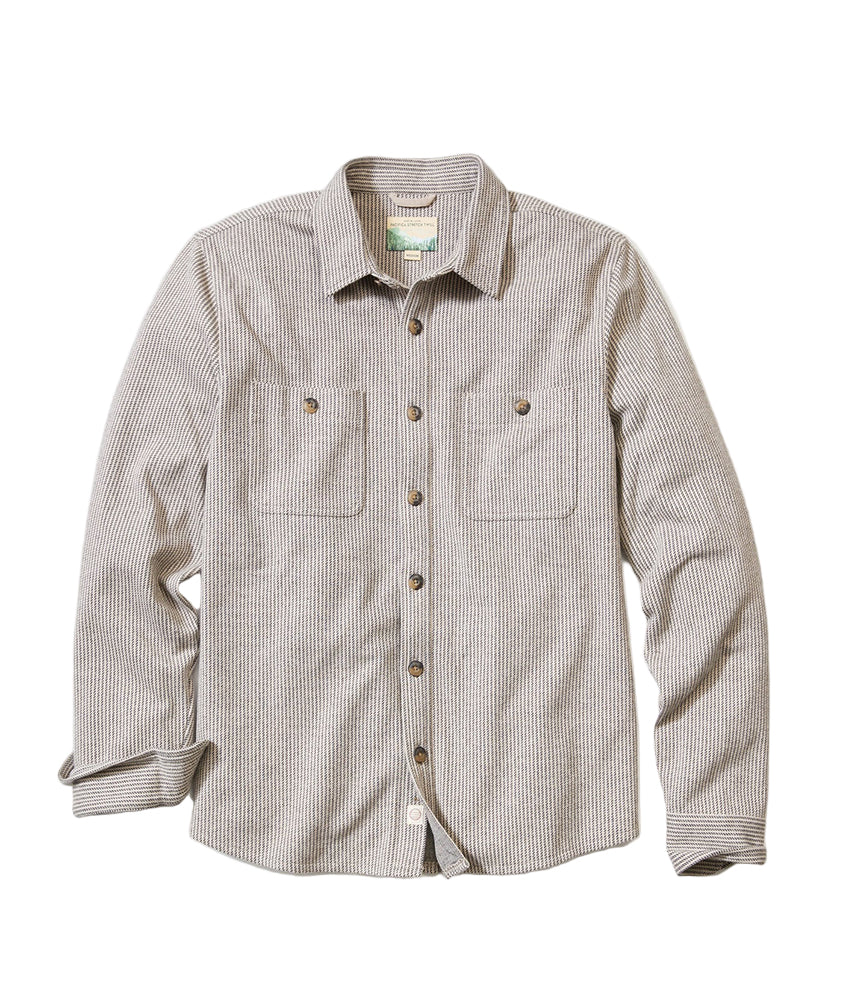Flat lay of Pacifica Stretch Twill Overshirt in grey railroad stripe pattern, featuring dual chest pockets and durable construction for daily wear
