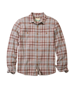 Flat lay of Pacifica Stretch Twill Overshirt in warm plaid colorway, classic fit 215 GSM midweight shirt, exclusive at The Simple Man