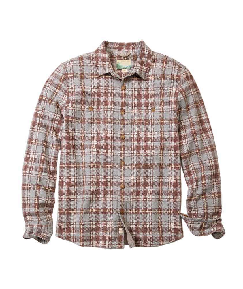 Flat lay of Pacifica Stretch Twill Overshirt in warm plaid colorway, classic fit 215 GSM midweight shirt, exclusive at The Simple Man