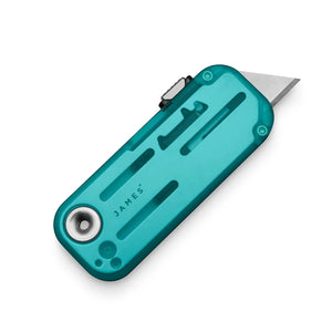 The James Brand Palmer Clear utility blade in translucent turquoise recycled PCTG