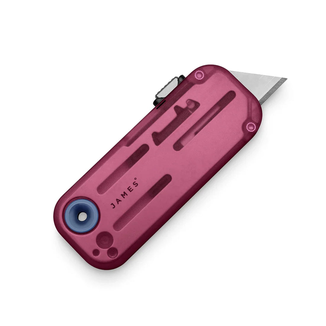 The James Brand Palmer Clear utility blade in translucent mulberry and deep blue recycled PCTG