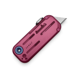The James Brand Palmer Clear utility blade in translucent mulberry and deep blue recycled PCTG