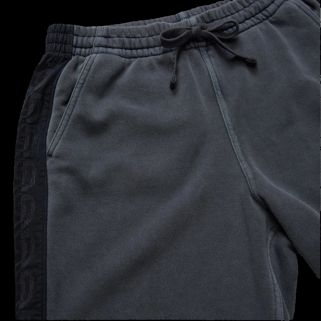 Howler Brothers Palmetto Chill Shorts detail – elastic drawcord waistband and contrast embroidered side panel in Washed Navy